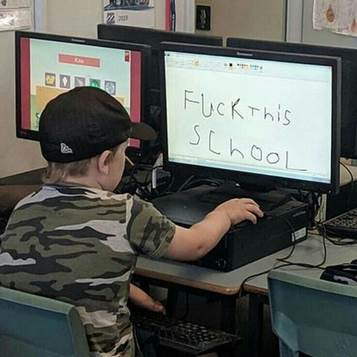 A young boy, seen from the back, wears a backwards black baseball cap and a camouflage print t-shirt while sitting at a desk in a school computer lab. He is using a drawing program on one of the two monitors in front of him, which displays the handwritten text 'Fuck this school'. The second adjacent monitor shows a children's educational game interface. The humor of the image comes from the stark contrast between the boy's young age and the blunt, vulgar, rebellious statement he is making about his school, which resonates with many people who have negative feelings about mandatory schooling.