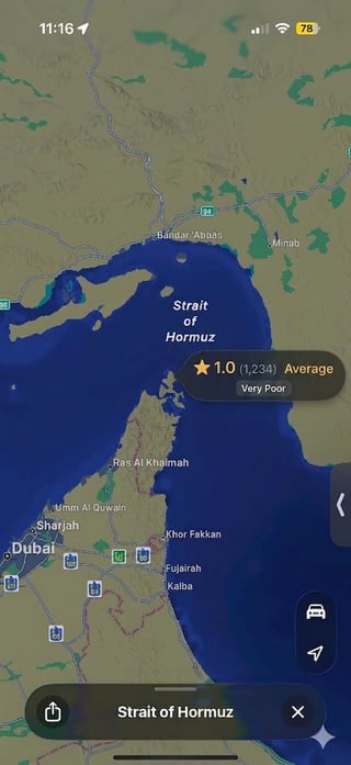 This image is a screenshot of a mobile mapping application showing the Strait of Hormuz, a major strategic natural waterway between Iran and the Arabian Peninsula. The core joke is that the strait, which is a natural geographic feature and not a business or tourist attraction, is incorrectly displayed with a user-generated 1.0 out of 5 star rating marked 'Very Poor' based on over 1,200 reviews, formatted just like a review for a local restaurant or venue. The absurdity of reviewing an entire natural strait like a commercial location makes the meme funny, and the original post asks who would leave these negative reviews.