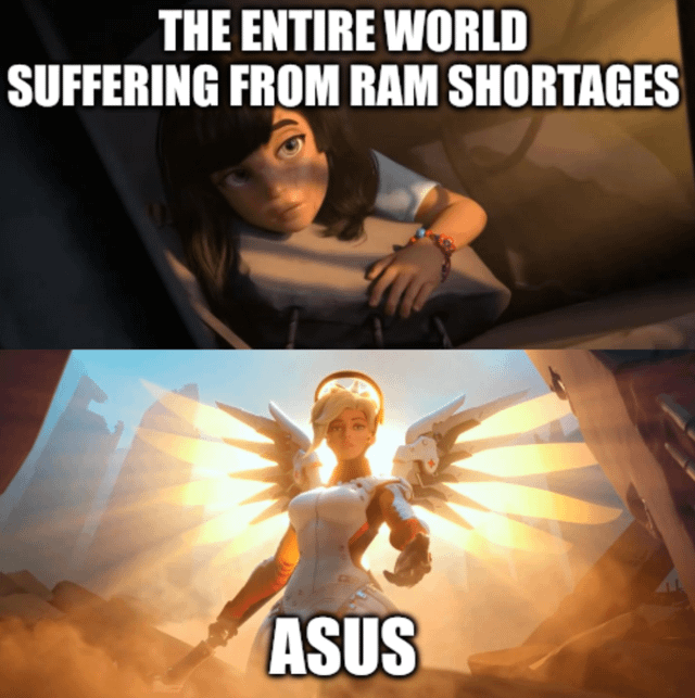 A two-panel meme humorously addressing global RAM shortages. The top panel features a distressed animated girl with the overlaid text 'THE ENTIRE WORLD SUFFERING FROM RAM SHORTAGES,' conveying widespread frustration. The bottom panel shows an angelic character (resembling Mercy from Overwatch) with radiant wings labeled 'ASUS,' framing the brand as a savior from the shortages, likely referencing the news that ASUS will start producing DDR5 memory in 2026.