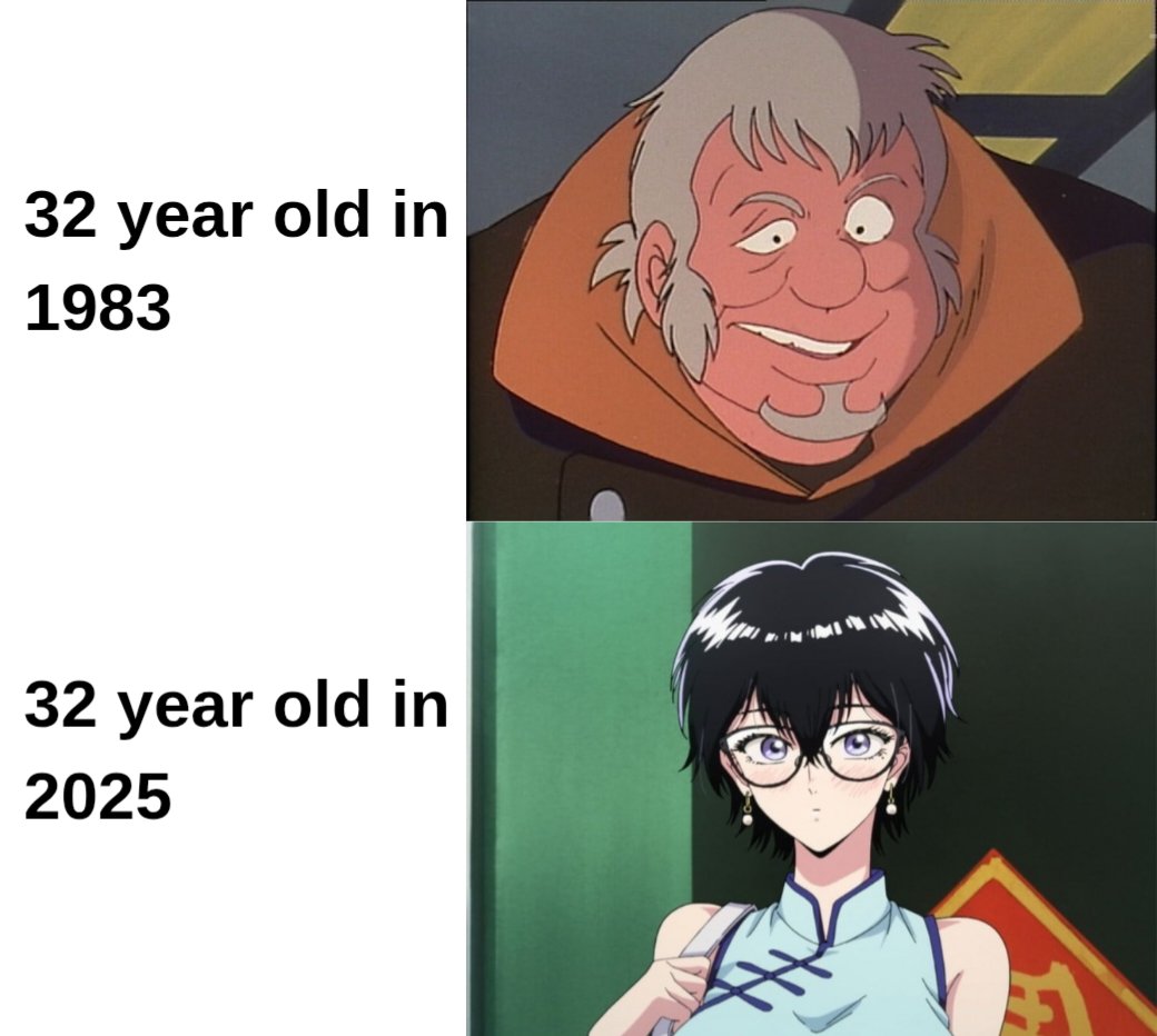 A two-panel comparison meme featuring text on the left and animated characters on the right. The top left text reads '32 year old in 1983' paired with a top right image of an older male character with gray hair, a red face, a gray goatee, and a wide, amused smile, wearing a brown outfit with an orange collar. The bottom left text reads '32 year old in 2025' paired with a bottom right image of a younger female character with short black hair, blue eyes, glasses, and a neutral expression, wearing a light blue traditional-style top with blue trim, standing against a green background.