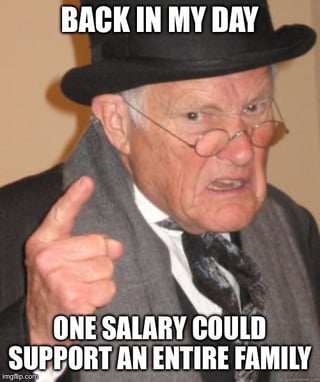 This is a single-panel reaction meme featuring an elderly man in vintage formal attire, including a black top hat, round reading glasses, grey scarf, suit and tie. He has an angry, exasperated, lecturing expression, and is pointing his right index finger upward to emphasize his point. Text overlayed at the top of the image reads 'BACK IN MY DAY', while text at the bottom reads 'ONE SALARY COULD SUPPORT AN ENTIRE FAMILY'. The meme comments on the growing economic disparity between generations, referencing the common observation that a single full-time income was enough to cover living costs for an entire household in previous decades, which is rarely the case in current economic conditions.