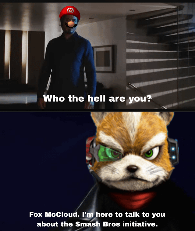 This is a two-panel edited gaming meme. The top panel features actor Chris Pratt (who was cast as the voice of Mario in the 2023 *The Super Mario Bros. Movie*) edited with Mario's iconic red cap, nose, and mustache, with overlaid text asking 'Who the hell are you?'. The bottom panel edits the anthropomorphic Nintendo character Fox McCloud's head onto a serious action movie body, with the text response: 'Fox McCloud. I'm here to talk to you about the Smash Bros initiative.'. The joke relies on the fact that Chris Pratt is also the voice actor for Fox McCloud, creating a meta joke about the same actor playing two popular Nintendo characters that both appear in the Super Smash Bros crossover series.