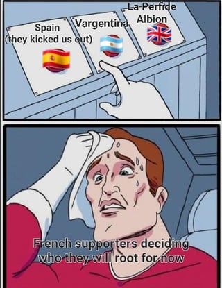 This is a two-panel meme using the classic sweating man choosing buttons template. The first panel shows three labeled buttons with national flags: one marked "Spain (they kicked us out)" with the Spanish flag, one misspelled "Vargentina" with the Argentinian flag, and one marked "La Perfide Albion" (a historic French derogatory term for the United Kingdom) with the Union Jack, as a gloved hand hovers over the options. The second panel shows a red-haired man sweating heavily and nervously wiping sweat from his forehead, with text at the bottom reading "French supporters deciding who they will root for now". The joke refers to French football fans having no desirable remaining team to support after France is eliminated from an international football tournament, as all remaining options are national or competitive rivals of France.