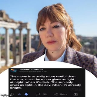 This meme features a shot of Philomena Cunk, the deadpan mockumentary character played by Diane Morgan, standing in front of ancient Roman ruins with a neutral, unimpressed expression. Overlaid on the lower portion of the image is a screenshot of a Reddit post making an absurdly incorrect claim: that the moon is more useful than the sun, because the moon provides light at night when it is dark, while the sun only provides light during the day when it is already bright. The humor derives from the fact that this obviously backwards, uninformed take perfectly matches Cunk's signature comedic persona of presenting blatantly wrong, illogical statements as factual information in her documentary appearances. The claim ignores the basic facts that the day is bright because of the sun, and that the moon's light is reflected sunlight.