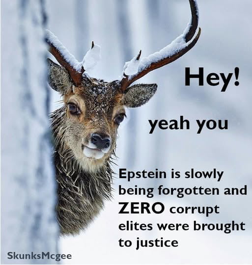 This meme features a photo of a male stag (deer) peeking from behind a snow-covered tree in a winter forest, with overlaid text addressing the viewer directly. The text calls attention to the fact that public interest in the Jeffrey Epstein case has faded over time, and notes that zero corrupt elites connected to Jeffrey Epstein have ever been brought to justice. It is a reminder meme about the unresolved nature of the Epstein case.