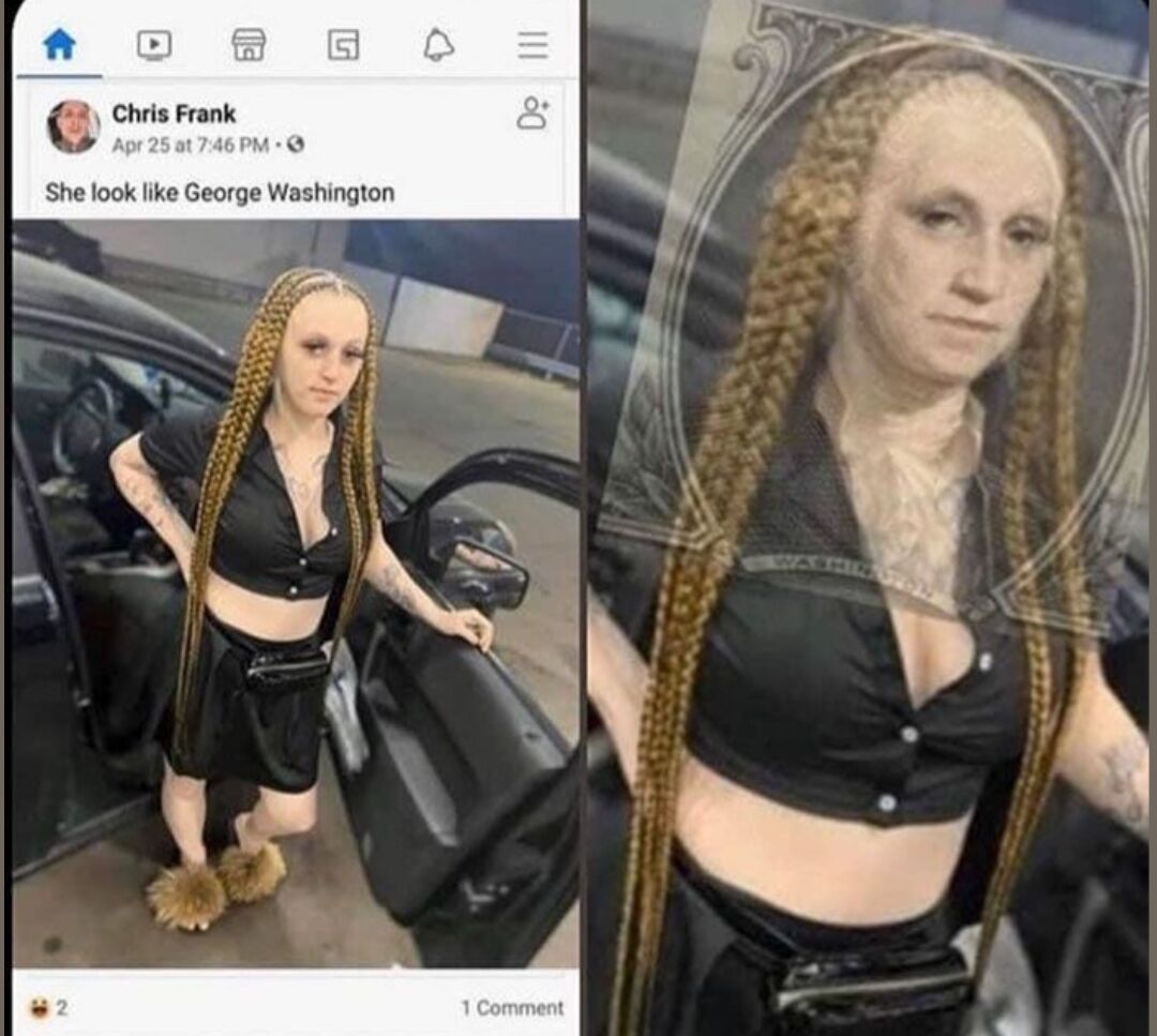The meme is a side-by-side comedic comparison. The left panel shows a public Facebook post from user Chris Frank, posted April 25 at 7:46 PM, with the caption "She look like George Washington" above a photo of a young woman with long thick blonde braids, wearing a black cropped button-up top, black mini skirt, and fuzzy tan slippers, standing next to an open car door with one hand on her hip. The right panel edits the woman's photo to overlay George Washington's portrait from the US 1-dollar bill, highlighting the unexpected, spot-on resemblance between the woman's facial structure, hairline, and braided hairstyle, and the styling of Washington's powdered wig on the currency.