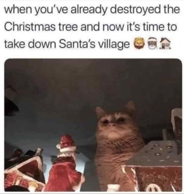 A meme consisting of a top text overlay and a photograph. The top text reads: 'when you've already destroyed the Christmas tree and now it's time to take down Santa's village' accompanied by a lion emoji 🦁, an elderly man emoji 👴, and a house emoji 🏠. Below the text is a photograph of a cat with a determined, slightly grumpy expression, positioned among small decorative items that appear to be part of a Santa's village set. The cat's posture and expression humorously suggest it is the culprit behind the destroyed Christmas tree and is now preparing to interact with (likely disrupt) the Santa's village decorations, creating a playful narrative about pets interfering with holiday decor.