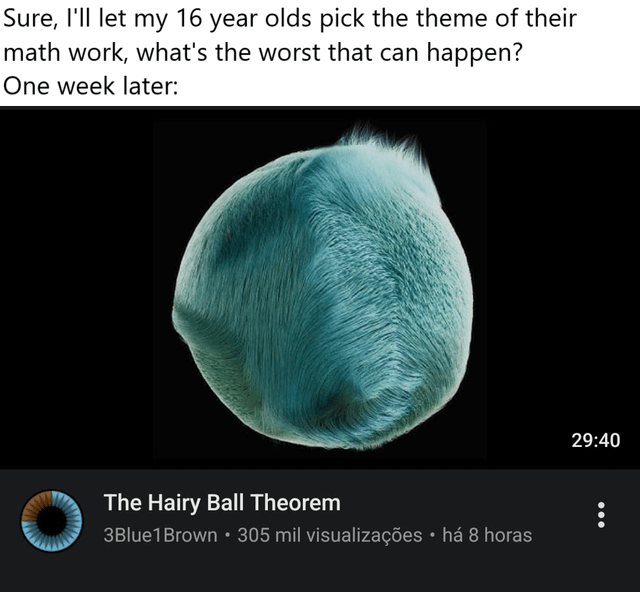 A meme humorously depicting the outcome of letting 16-year-olds choose their math work theme. The top text reads: 'Sure, I'll let my 16 year olds pick the theme of their math work, what's the worst that can happen? One week later:' Below this text is a screenshot of a YouTube video thumbnail from the channel '3Blue1Brown' showing a blue, furry sphere labeled 'The Hairy Ball Theorem,' a complex topological concept. The thumbnail includes details like 305 million views, 'há 8 horas' (8 hours ago) upload time, and a duration of 29:40, highlighting the unexpected complexity teens might select for their math work.