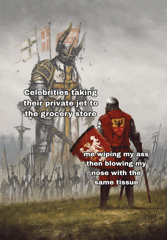 This meme uses a medieval fantasy art piece depicting a small, ordinary armored knight facing off against an enormous, imposing giant knight backed by an entire army on a foggy battlefield. The giant knight is labeled 'Celebrities taking their private jet to the grocery store', representing the excessive, unnecessary wasteful spending and extreme privilege of wealthy celebrities. The smaller knight is labeled 'me wiping my ass then blowing my nose with the same tissue', representing the relatable experience of average people being extremely frugal to save money. The joke highlights the massive, absurd gap in resources and spending habits between the wealthy elite and ordinary working people for humorous effect.