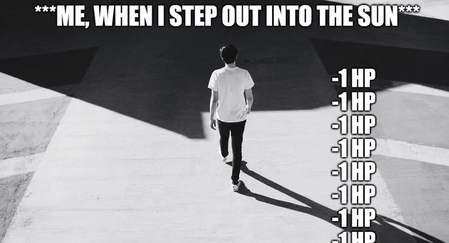 This is a monochrome relatable meme. It features a person viewed from behind walking forward across a concrete area into bright, direct sunlight, casting a long dark shadow. Text at the top of the image reads '***ME, WHEN I STEP OUT INTO THE SUN***', and along the right side of the frame there are multiple repeated lines of '-1 HP', a video game term referring to health point loss. The joke frames exposure to hot summer sun as continuously dealing small amounts of damage to a person, humorously conveying how uncomfortable and draining being outside in extreme heat feels.