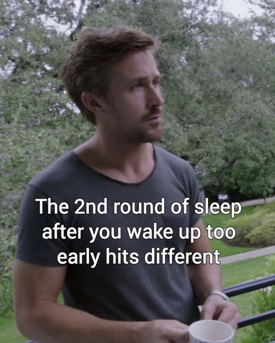 This is a relatable reaction meme that uses a still of actor Ryan Gosling standing outdoors on a balcony, holding a white mug, with green trees and lawn visible in the background. Gosling has a calm, content, slightly dazed expression as he looks off to the side. Overlaid white text on the image reads "The 2nd round of sleep after you wake up too early hits different", which references the widely relatable feeling that going back to sleep for a second time after accidentally waking up much earlier than planned feels uniquely satisfying and comfortable.