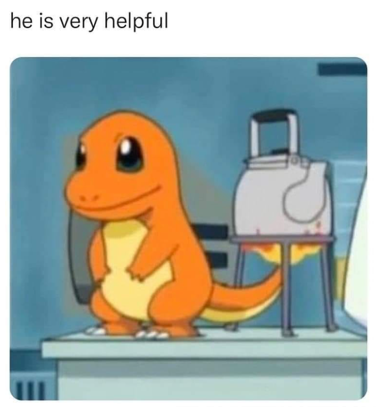 This wholesome meme features the Pokemon character Charmander sitting on a light blue kitchen counter with a small content smile. His signature flaming tail is placed directly under a kettle set on a small metal stand, heating the kettle. Text above the image reads "he is very helpful". The joke comes from the clever practical use of Charmander's innate fire-producing tail as a domestic heat source, framing the character as a useful, endearing household helper.