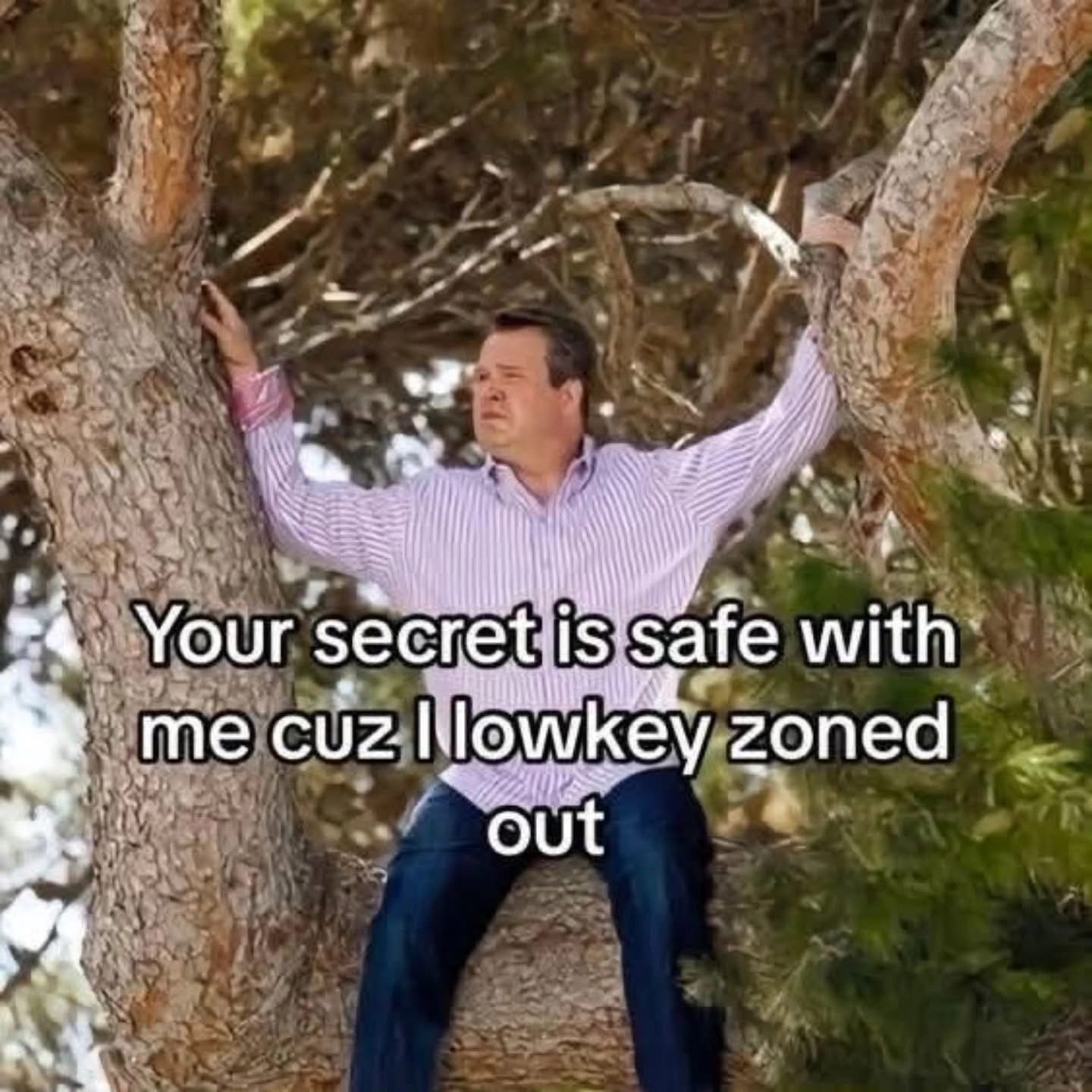 This meme uses a still of the character Cameron Tucker from the sitcom Modern Family, who is sitting straddling a thick tree branch while holding onto two adjacent tree trunks, appearing dazed, unfocused, and distracted. Overlaid large white text with a black outline reads "Your secret is safe with me cuz I lowkey zoned out". The humor comes from the relatable situation where someone confesses private information to you, but you were not paying attention at all, so you have no memory of the secret to share with others.