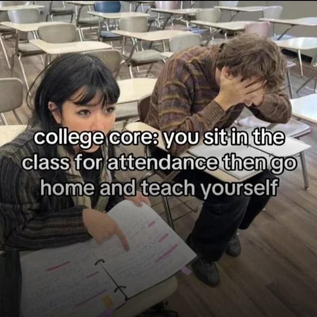 This is a relatable student meme set in an otherwise empty college lecture hall. Two young adult students are seated at desks: a woman with dark hair in the foreground looks directly at the camera with a deadpan expression while pointing at notes in her binder, and a man sitting next to her holds his head in his hand, appearing exhausted and frustrated with his coursework. White text is overlaid across the center of the image, stating 'college core: you sit in the class for attendance then go home and teach yourself'. The meme pokes fun at the common negative college experience where lectures provide little educational value, so students only attend to get attendance marks before being forced to learn all course material independently outside of class time.
