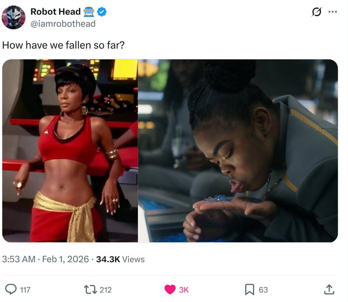 A tweet from user 'Robot Head' (@iamrobothead) displaying the text 'How have we fallen so far?' alongside two juxtaposed images. The left image depicts a person in a red crop top and gold skirt standing confidently in a futuristic control room, evoking a classic, stylized sci-fi aesthetic (resembling Star Trek uniforms). The right image shows another person in a gray uniform leaning forward, intently blowing on small blue objects, creating a contrast between the dramatic, idealized past and a more mundane, absurd present. The meme satirically comments on a perceived decline in the quality or seriousness of space-related themes, aligning with the 'Idiocracy in space' concept.