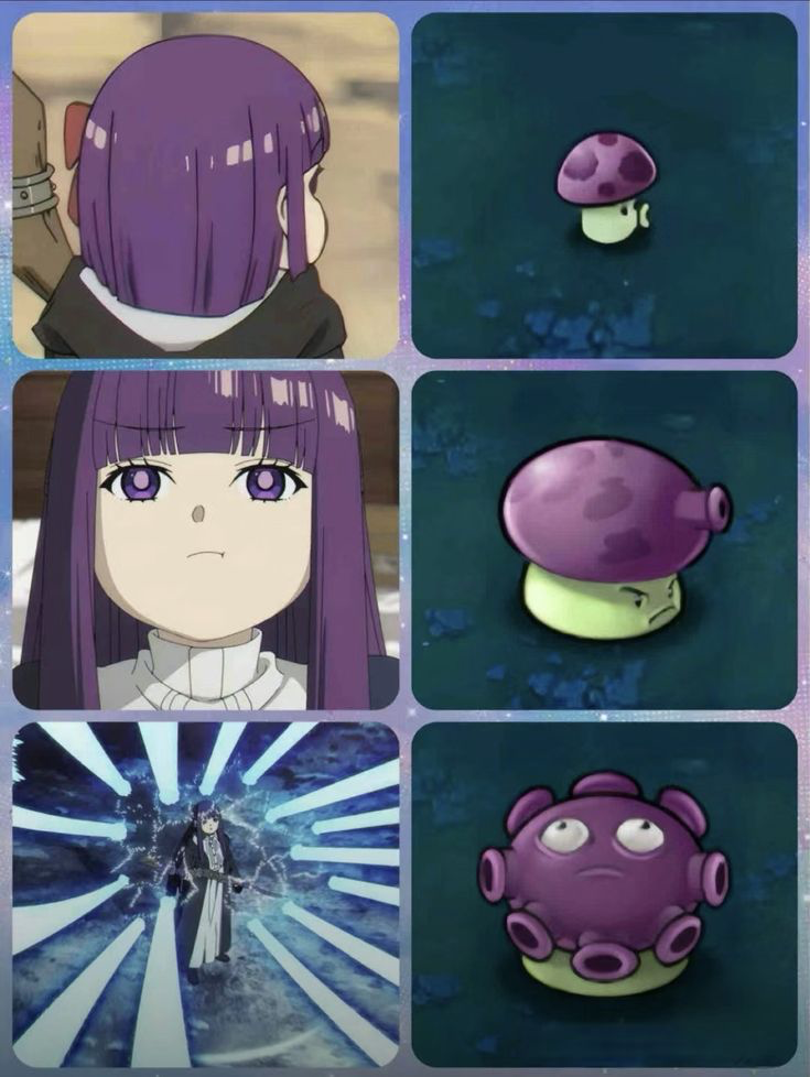 A 3x2 panel collage meme showing parallel evolution between a purple-haired animated character and a small purple mushroom. Top-left: Character viewed from behind with short purple hair; top-right: Small mushroom with neutral expression. Middle-left: Character facing front with long purple hair and neutral expression; middle-right: Mushroom grown larger with a slight frown. Bottom-left: Character in dramatic pose surrounded by blue radiating energy, appearing powerful; bottom-right: Mushroom transformed into a larger, round form with multiple eyes and appendages, looking menacing. The panels suggest a humorous or dramatic comparison of growth/transformation.