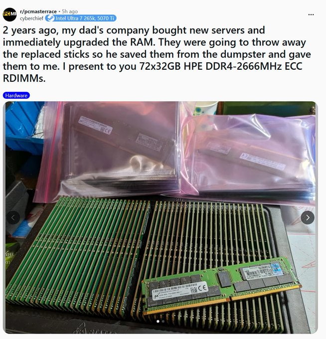 This image is a screenshot of a public post from the Reddit r/pcmasterrace community, paired with a photo of a large collection of server RAM modules. The post text explains that 2 years before the post was made, the author's father worked at a company that upgraded the RAM in newly purchased servers, and planned to throw away the perfectly functional replaced memory sticks. The father rescued the RAM modules from being discarded and gave them to the author. The photo shows 72 individual 32GB HPE DDR4-2666MHz ECC RDIMM RAM sticks, with most laid out in neat rows on a flat surface, additional sticks stored in sealed anti-static pink plastic bags, and one single RAM stick placed on top of the laid out rows to clearly show the model label. The total combined capacity of the RAM is 2304 GB (2.3 terabytes), an extremely valuable haul for PC or server hobbyists.