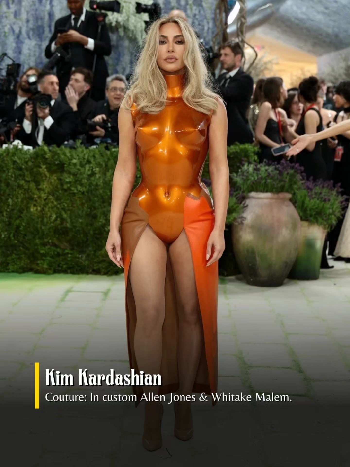 This meme uses relatable relationship humor, contrasting the common social expectation to dress conservatively and modestly when meeting a romantic partner's parents for the first time with an absurdly over-the-top alternative. The punchline is a red carpet photograph of Kim Kardashian wearing a very form-fitting, revealing, shiny orange custom couture gown at the 2024 Met Gala, highlighting the humorous exaggeration of showing up to a casual family meeting in an extremely formal, attention-grabbing high-fashion outfit completely mismatched for the occasion.