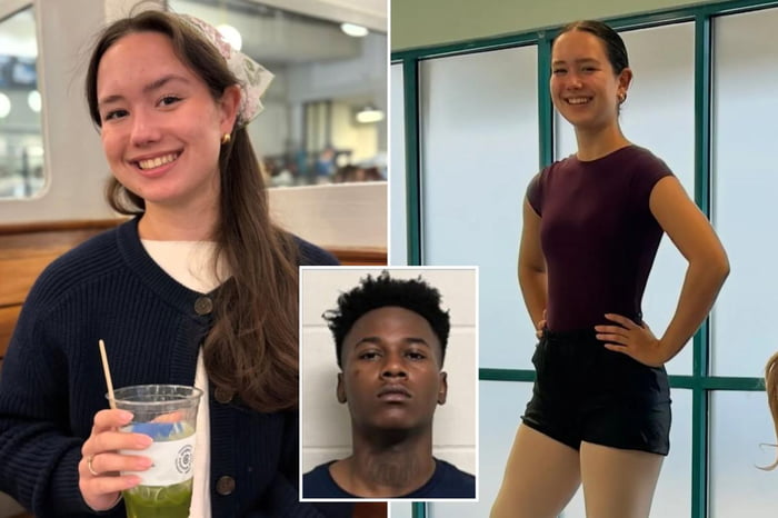 This image is a three-part collage: the top left panel shows a casual photo of 13-year-old American ballet dancer Lila Anderson smiling while holding an iced green drink in a restaurant setting, the top right panel shows Anderson smiling while posing in ballet attire with her hands on her hips, and the center bottom panel is the mugshot of 19-year-old Zion McCall, the suspect arrested for Anderson's abduction and murder in 2024. The meme is shared with the accompanying title stating no context is needed, referring to the widely publicized 2024 Georgia murder case that was heavily covered across US media and social platforms.