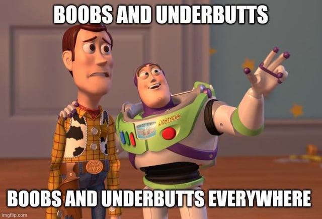 This meme uses the classic Toy Story 'X everywhere' template featuring characters Woody and Buzz Lightyear from the Disney Pixar *Toy Story* franchise. Buzz has a smug, excited expression, rests one arm around Woody's shoulder, and gestures widely outward with his other hand as if pointing out his surroundings. Woody stands next to him with an uncomfortable, distressed, concerned grimace. The top caption reads 'BOOBS AND UNDERBUTTS' and the bottom caption reads 'BOOBS AND UNDERBUTTS EVERYWHERE'. The joke refers to the original post title 'Summer in the city', referencing how during hot summer weather in urban areas, many people wear revealing, skimpy clothing leading to an abundance of the body parts referenced in the text, conveying the common amused or overwhelmed reaction to this seasonal sight.