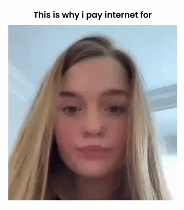 A meme featuring a photograph of a person with long blonde hair facing the camera, with the text 'This is why i pay internet for' overlaid at the top. The image humorously implies that the content (likely the person or the relatable scenario) is the reason one pays for internet access, creating a lighthearted and relatable joke about finding value in online content.