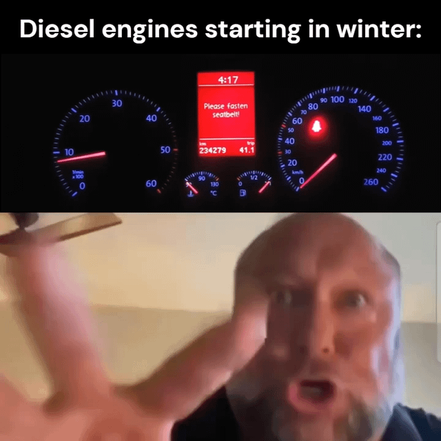 A two-panel meme. The top panel shows a car dashboard with various gauges, including a temperature gauge reading approximately -10°C, a red warning light, and the text 'Please fasten seatbelt' in red. The bottom panel features a person (Alex Jones) making an exaggerated, shocked facial expression with one hand extended forward. The meme humorously compares the struggle of starting a diesel engine in cold winter weather (known for difficulty due to cold temperatures) to Alex Jones' intense, frantic reactions.