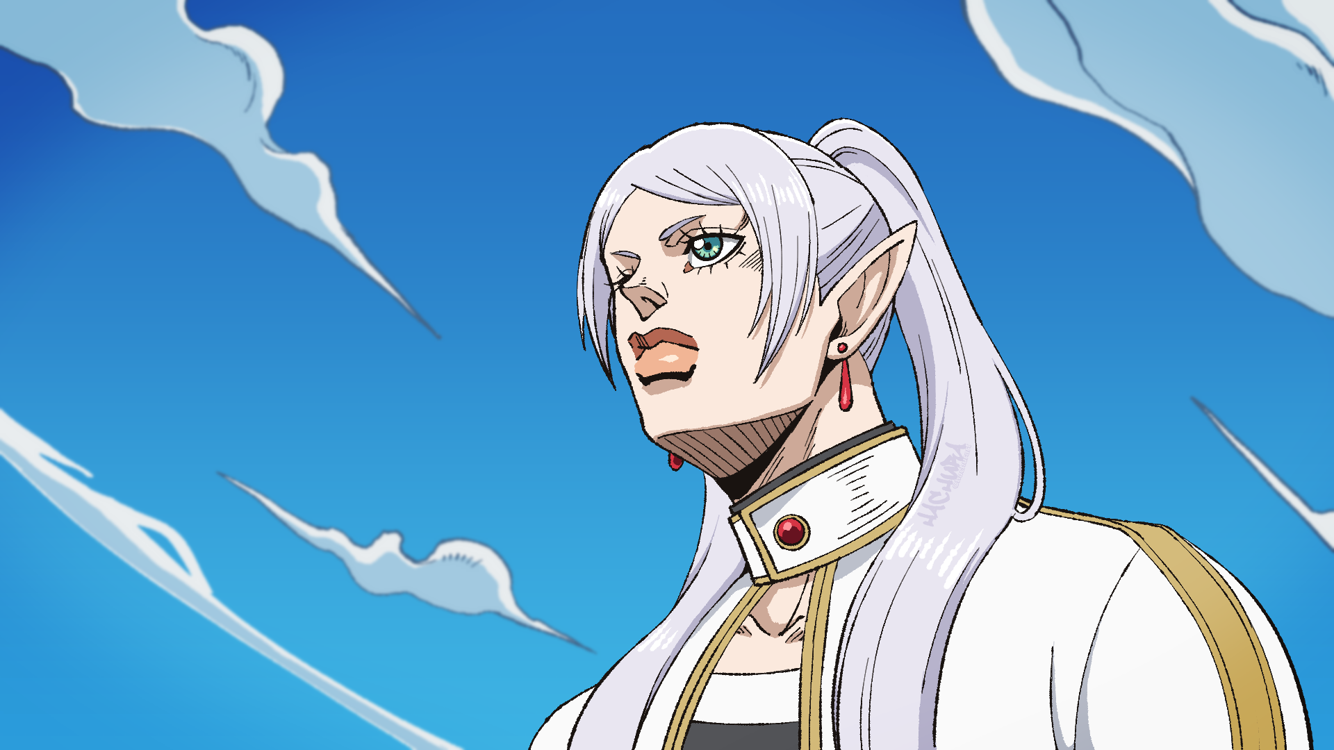 A close-up portrait of an animated elf character with long silver-white hair tied in a high ponytail, pointed ears, and striking green eyes. The character wears red drop earrings, a white high-collared outfit with gold trim, and a red gemstone at the collar. The background features a vibrant blue sky with wispy, stylized white clouds, creating a dramatic and serene atmosphere.