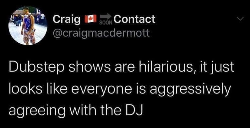 This image is a screenshot of a public X (formerly Twitter) post from user Craig @craigmacdermott. The post features a lighthearted observational joke about dubstep concert culture: it jokes that the energetic, sharp nodding and headbanging movements typical of dubstep event attendees appear as if everyone at the show is aggressively, enthusiastically agreeing with the DJ, rather than dancing to the music. The user's profile header includes a Canadian flag icon and text indicating he will be available for contact soon, with a profile picture of a man in casual summer wear standing at an outdoor event.