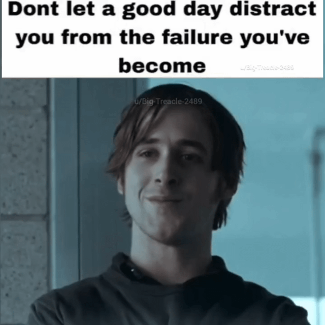 A meme featuring a real person standing with arms crossed, displaying a subtle smile, against a blue-tinted background. The top of the image has a bold text overlay that reads: 'Dont let a good day distract you from the failure you've become'. The username 'u/Big-Treacle-2489' is visible as a watermark, likely indicating the creator or uploader. The image combines a casual, almost smug expression with demotivational text to create a sarcastic or humorously self-deprecating tone.