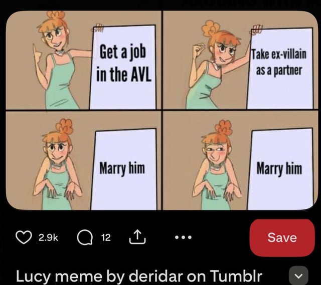 This is a 4-panel fan art meme featuring Lucy Wilde from the Despicable Me animated franchise. In the first panel, Lucy cheerfully points at a sign that reads 'Get a job in the AVL' (Anti-Villain League, the fictional law enforcement agency from the films). In the second panel, she smirks while gesturing to a sign that says 'Take ex-villain as a partner', referencing her canon work partner Gru, a former supervillain. The third and fourth panels both have signs that read 'Marry him', with Lucy's expression shifting from a soft smile to a sly, knowing look, revealing that the entire point of getting the AVL job and taking the ex-villain partner was to eventually marry him, playing on the canonical progression of her relationship with Gru. The image is a screenshot of a Reddit meme post, showing 2.9k upvotes, 12 comments, a Save button, and bottom text attributing the meme to Tumblr user deridar.