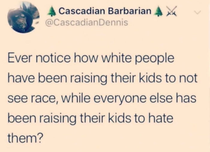 This image is a screenshot of a public post from the X (formerly Twitter) platform, shared by user Cascadian Barbarian with the handle @CascadianDennis. The post contains a provocative, generalized rhetorical question claiming that white people raise their children to ignore race as an identity category, while all non-white groups raise their children to hate white people. The screenshot was reposted on the entertainment platform 9Gag under the original title 'Ever notice?'.