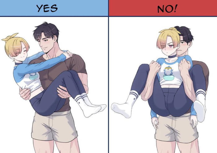 This is a two-panel manga-style comedic comic that compares the correct and incorrect ways to lift and carry your partner, matching the title "How to lift your girl". The left panel has a blue header labeled "YES", showing a muscular man performing a proper traditional bridal carry: he supports the smaller blonde partner with his hands under their back and legs, and the partner rests comfortably, wrapping their arms around his neck with a happy expression. The right panel has a red header labeled "NO!", showing an absurdly wrong carry: the man holds only the partner's legs under his arms, resulting in the partner's upper body and head sticking out above their legs, while their arms hang uselessly by the man's hips, creating an anatomically awkward and funny incorrect position that serves as the joke's punchline.
