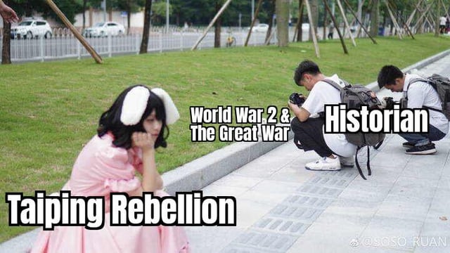 A meme image set in an outdoor urban park with grass, trees, and distant cars. On the left, a person wearing a pink dress with white bunny ears sits on the ground in a pensive pose (chin resting on hand), labeled 'Taiping Rebellion'. To the right, two individuals crouch down, facing away from the camera, labeled 'Historian'. Above the crouching pair is text: 'World War 2 & The Great War'. The humor satirizes the tendency of historians (or popular historical focus) to prioritize well-known conflicts like World War 2 and WWI while overlooking significant but less globally recognized events like the Taiping Rebellion.