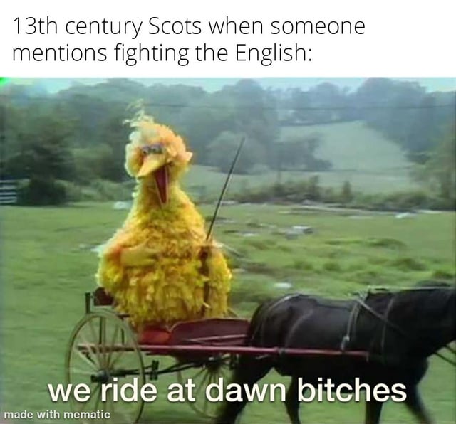 This meme makes a humorous reference to medieval Scottish history, joking about the enthusiasm of 13th century Scots to go to battle against the English. It features an absurd edited image of Big Bird from Sesame Street sitting in a horse-drawn cart in a green countryside setting, holding a spear with an excited, angry expression. The top text sets up the premise: '13th century Scots when someone mentions fighting the English:', while the bottom text on the image shows the reaction: 'we ride at dawn bitches'. The humor comes from the combination of a dry historical reference with the over-the-top, chaotic energy of the absurd Big Bird visual, which exaggerates the Scots' historical readiness for conflict with the English.