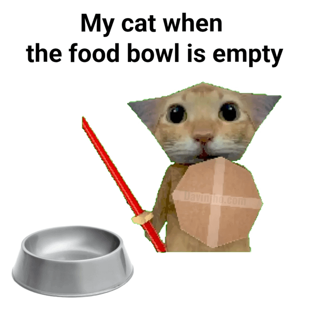 A meme image featuring an anthropomorphized cat with an exaggerated wide-eyed expression. The cat is depicted holding a red lightsaber in one paw and a cardboard shield (bearing the text 'Upscaling.com') in the other. To the left of the cat is an empty silver food bowl. Above the cat, the text 'My cat when the food bowl is empty' humorously portrays the cat as dramatically confrontational due to the empty bowl, blending pet behavior with a playful, weapon-wielding scenario.