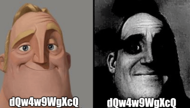 This is a two-panel comparison meme illustrating the joke of two distinct types of internet users. The left panel features the normal, brightly lit, cheerful animated character Mr. Incredible (Bob Parr) from Pixar's *The Incredibles*, representing casual online users. The right panel shows the distorted, unsettling uncanny grayscale version of Mr. Incredible from the popular 'Mr. Incredible Becoming Uncanny' meme, representing extremely online users. Both panels have the text string 'dQw4w9WgXcQ' at the bottom, which is the unique suffix of the classic YouTube Rickroll link for Rick Astley's 'Never Gonna Give You Up'. The joke is that casual users will not recognize the string, while extremely online users will immediately identify it as a Rickroll link, prompting the uncanny reaction.