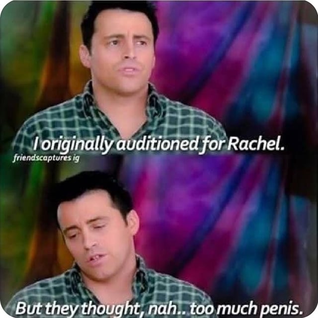 A two-panel meme featuring a man wearing a green plaid shirt against a colorful abstract background. The top panel displays the text 'I originally auditioned for Rachel,' while the bottom panel continues with 'But they thought, nah.. too much penis.' The humor arises from the absurd and comedic rejection reason for not getting the role of Rachel (a female character, likely from the TV show Friends), contrasting the serious audition premise with a playful, exaggerated excuse.