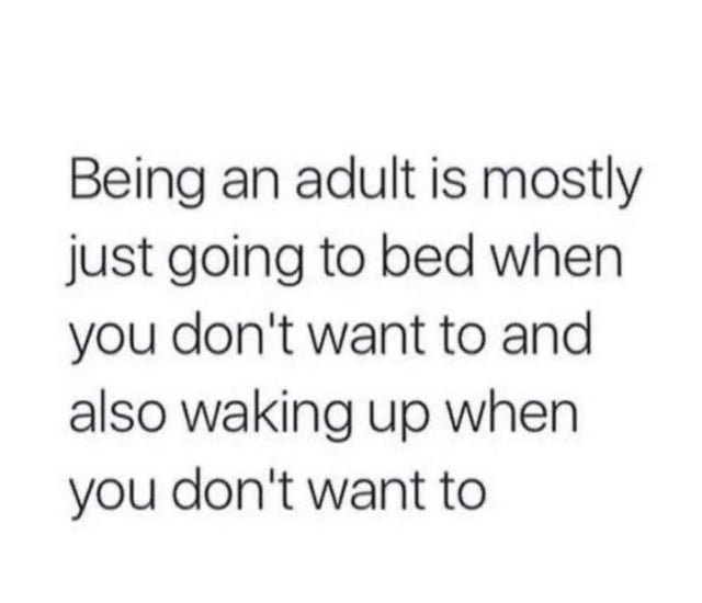 This is a simple text-only meme presented against a plain white background. It features a humorous, relatable observation about adulthood: that the experience of being an adult mostly consists of two unwanted daily actions, going to bed when you do not want to, and waking up when you do not want to, referencing the constraints of adult responsibilities like work schedules that force people to follow sleep routines they would not choose voluntarily.
