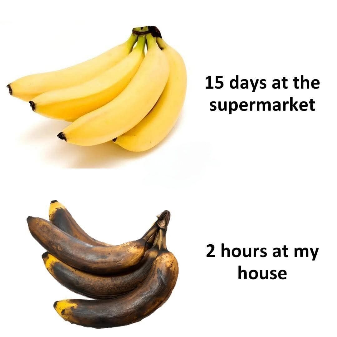 This is a two-panel comparison meme. The top panel displays a bunch of bright, perfectly ripe yellow bananas next to the text '15 days at the supermarket'. The bottom panel shows the same bunch of bananas completely brown, overripe and rotten next to the text '2 hours at my house'. The humor comes from the relatable experience where fresh produce appears to stay in good condition for extended periods at grocery stores, but spoils extremely quickly after being brought home.