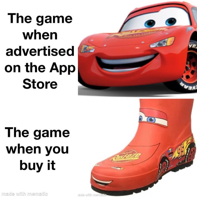 This is a two-panel comparison meme satirizing the common trend of false advertising for mobile games on app stores. The top panel features the official, polished, smiling Lightning McQueen character from the Disney Pixar *Cars* franchise, paired with text referring to the high-quality, appealing version of a game shown in App Store promotional materials. The bottom panel shows a janky, off-brand bootleg version of Lightning McQueen designed to look like a red rain boot with an awkward forced smile, paired with text referring to the low-quality, disappointing, far-from-advertised state of the game after a user purchases or downloads it.