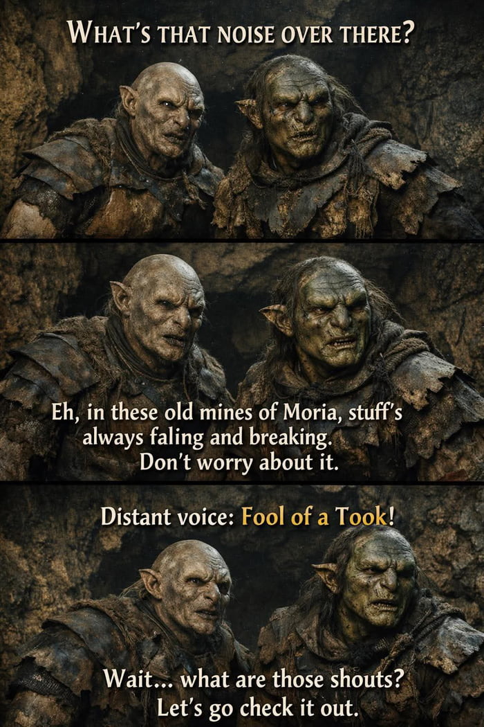 This is a three-panel meme featuring two orcs from *The Lord of the Rings* franchise, that recontextualizes the iconic Mines of Moria scene from the orcs' perspective. In the first panel, the orcs notice a strange noise and ask "What's that noise over there?". In the second panel, one orc dismisses the noise, saying that in the old mines of Moria, things are always falling and breaking, so there is no need to worry. In the third panel, a distant shout of "Fool of a Took!" (Gandalf's famous line after Pippin Took accidentally drops a stone that alerts orcs to the Fellowship's presence) is heard, and the orcs change their mind, deciding to go investigate the shouts. The joke works because Pippin's famous mistake directly contradicts the orc's assumption that the noise is just routine wear and tear in the mines.