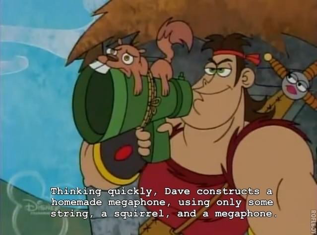 This is a screenshot from the Disney Channel animated series *Dave the Barbarian*. The protagonist Dave, a muscular barbarian wearing a red headband and red tank top, holds a large green megaphone. A small squirrel is tied to the top of the megaphone with string, looking stressed. Behind Dave, the sentient magic sword Lula floats, appearing unimpressed. The on-screen caption reads 'Thinking quickly, Dave constructs a homemade megaphone, using only some string, a squirrel, and a megaphone.' The humor comes from the absurd redundancy: Dave's 'homemade' megaphone uses a pre-existing megaphone as a core component, plus an entirely unnecessary squirrel added to the design. A Disney Channel watermark is present in the bottom left, and a ROFLBOT watermark is in the bottom right corner.