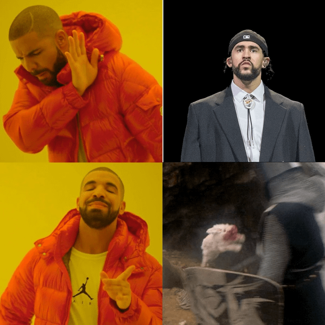 A four-quadrant collage meme. Top-left: Drake in an orange puffer jacket against a yellow background, with a concerned expression and hand raised to his face. Top-right: Bad Bunny in a dark suit, white shirt, and cap, standing formally with a serious expression. Bottom-left: Drake in the same orange puffer jacket, now smiling and pointing with his thumb. Bottom-right: A scene of a knight engaged in combat with a pig, likely referencing the 'Knight vs. Pig' sequence from *Monty Python and the Holy Grail*.