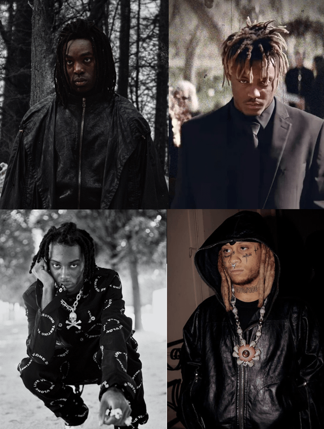 This is a 2x2 grid collage of four popular modern emo/hip-hop rappers, all featuring the signature dark, brooding all-black aesthetic common in the emo rap genre. The meme poses the question in its title, playing on the observation that Severus Snape from the Harry Potter franchise shares this exact same gloomy, all-black clad, serious look that defines modern emo rappers, flipping the observation to humorously ask why Snape himself resembles an emo rapper. The rappers featured are all prominent artists associated with the emo rap/rage rap scene.