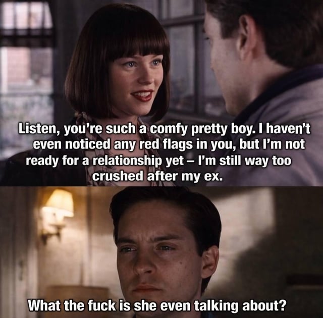 A two-panel meme using live-action film screenshots. The top panel shows a woman smiling and speaking to a man, with text: 'Listen, you're such a comfy pretty boy. I haven't even noticed any red flags in you, but I'm not ready for a relationship yet — I'm still way too crushed after my ex.' The bottom panel shows the man looking visibly confused, with text: 'What the fuck is she even talking about?' The meme humorously portrays the confusion in dating when mixed signals are given, focusing on the 'red flags' trope in relationships.