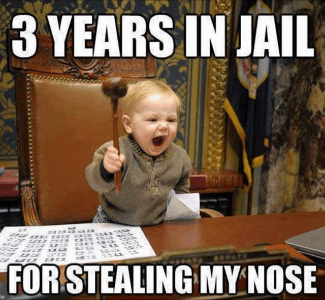 A humorous meme featuring a young child sitting in a judge's chair, holding a gavel with an angry or serious expression. The top text reads '3 YEARS IN JAIL' and the bottom text reads 'FOR STEALING MY NOSE', creating a silly, exaggerated scenario where a child 'sentences' someone to jail for the trivial, playful offense of 'stealing their nose', leveraging childhood imagination and over-the-top reactions for comedic effect.