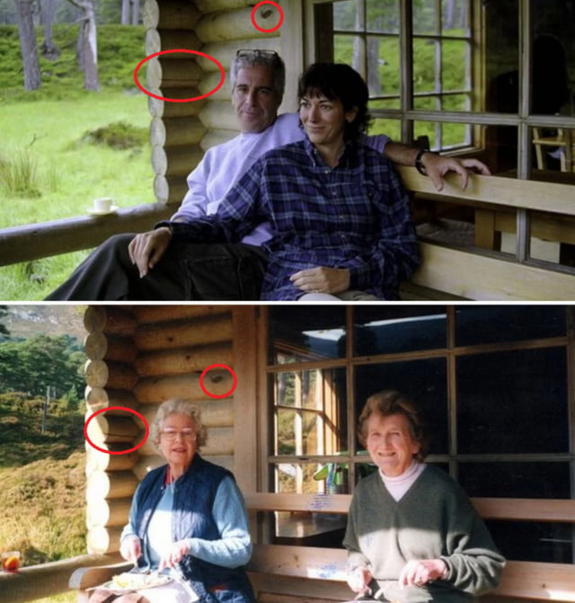 This image is a two-panel edited meme. The top panel shows Jeffrey Epstein and Ghislaine Maxwell sitting on the porch of a rustic log cabin, with red circles marking specific log features to confirm the exact same location. The bottom panel replaces the controversial pair with two elderly women, sitting in the identical spot on the same cabin porch, eating a casual meal. The meme leverages the matching background (verified by the circled log details) to create a humorous, subversive contrast: swapping the notoriety of the top figures with the mundane, wholesome innocence of the seniors below, playing on the shock of replacing infamous people with ordinary, relatable individuals in the exact same setting.