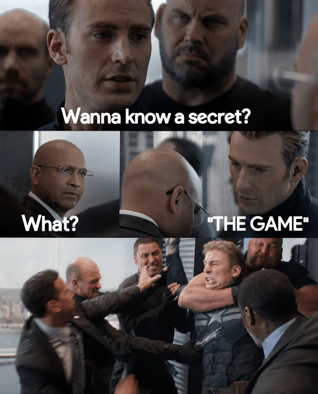 This is a 3-panel edited meme repurposing footage from the iconic elevator fight sequence in the 2014 Marvel film *Captain America: The Winter Soldier*. The first panel shows character Alexander Pierce asking, "Wanna know a secret?". The second panel cuts to S.H.I.E.L.D. agent Jasper Sitwell replying "What?", before Pierce whispers the secret: "THE GAME". The final panel shows all agents in the elevator immediately begin violently attacking Captain America, playing on the rules of the famous internet prank "The Game", where anyone who is reminded of or thinks about the game immediately loses, typically prompting angry or annoyed reactions from people who were not previously thinking about it.