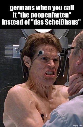 This meme uses a tense, angry screenshot from the 2004 film *Spider-Man 2* featuring the character Otto Octavius (Doctor Octopus) during his failed fusion experiment scene. The overlaid text jokes about the stereotype of Germans having an intense, over-the-top reaction when someone uses a silly, fake German term ('the poopenfarten') instead of the actual vulgar German phrase 'das Scheißhaus' (translates to 'the shithouse'). The humor comes from the exaggerated, pained/angry expression of the character perfectly matching the implied fury of a German speaker hearing a butchered or fake version of their language.