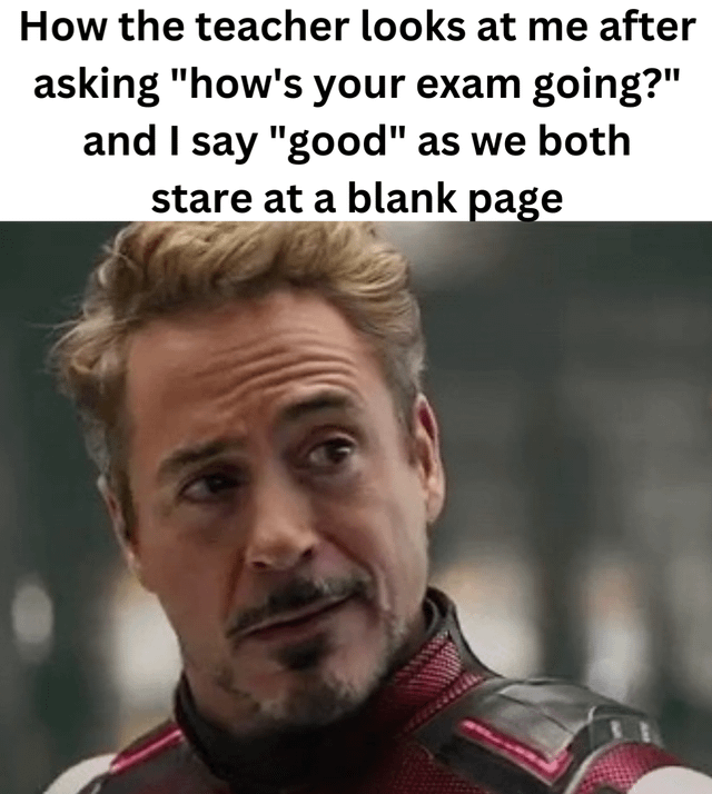 This is a single-panel reaction meme. The text at the top of the image describes a relatable student scenario: a teacher asks the student how their exam is going, the student responds that it is going well, even though both the teacher and student are fully aware that the student's exam page is completely blank. The lower portion of the meme uses a widely recognized screenshot of Robert Downey Jr. portraying Tony Stark / Iron Man from the 2019 film Avengers: Endgame, where he is giving a skeptical, unamused, knowing side-eye glance that perfectly represents the teacher's reaction to the student's obvious lie.